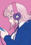  1girl blue_jacket buttons character_print commentary danganronpa_(series) danganronpa_2:_goodbye_despair from_side galaga hair_ornament headphones highres jacket long_sleeves nanami_chiaki open_clothes open_jacket pink_background pink_eyes pink_hair playing_games profile satori_(aosky9077) short_hair simple_background solo symbol-only_commentary usami_(danganronpa) 