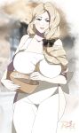  1girl apron baking blonde_hair blue_eyes blurry blurry_background blush bow breasts cleavage cooking fire_emblem fire_emblem:_three_houses fire_emblem_heroes hair_bow hair_ribbon highres holding holding_spoon large_breasts light_smile lipstick long_hair looking_at_viewer makeup mercedes_von_martritz mixing_bowl naked_apron pale_skin ponytail r3dfive ribbon smile spoon thick_thighs thighs white_apron 