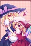  2girls apron ascot black_headwear black_vest blonde_hair cowboy_shot crystal fang flandre_scarlet frilled_apron frilled_skirt frilled_sleeves frills hat hat_ribbon height_difference hug kirisame_marisa kurosu_rino large_hat looking_at_viewer medium_hair mob_cap multicolored_wings multiple_girls one_eye_closed open_mouth pink_background puffy_short_sleeves puffy_sleeves purple_eyes red_ribbon red_skirt red_vest ribbon shirt short_sleeves simple_background skirt skirt_set sleeve_ribbon teeth touhou vest waist_apron white_apron white_headwear white_shirt wings witch_hat wrist_cuffs yellow_ascot yellow_eyes 