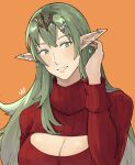  1girl alternate_costume alternate_hairstyle breasts cleavage_cutout clothing_cutout commentary_request contemporary ear_piercing earrings english_commentary fire_emblem fire_emblem_awakening green_eyes green_hair grin hair_ornament hairclip highres jewelry long_hair long_sleeves looking_at_viewer medium_breasts orange_background piercing pointy_ears red_sweater ribbed_sweater sakuremi signature simple_background smile solo sweater tiki_(adult)_(fire_emblem) tiki_(fire_emblem) very_long_hair 