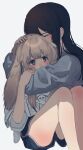  2girls 8rk9 absurdres animal_ears black_hair black_shorts blush brown_hair closed_eyes covered_mouth facing_another feet_out_of_frame floppy_ears grey_eyes gym_shorts hair_between_eyes hand_on_another&#039;s_arm hand_on_another&#039;s_head highres hug knees_up long_hair long_sleeves looking_ahead multiple_girls original print_shirt rabbit_ears rabbit_girl raised_eyebrows shirt shorts sidelocks simple_background sitting straight_hair thighs white_background white_shirt yuri 