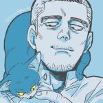  1boy affectionate animal_on_shoulder blue_theme cat cat_on_shoulder collared_shirt goatee_stubble golden_kamuy grey_hair hand_up kadokura_(golden_kamuy) long_sideburns male_focus mature_male monochrome multicolored_hair mustache_stubble old old_man portrait shirt short_hair sideburns smile solo thick_eyebrows two-tone_hair yaso80hachi 