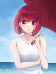  1girl arima_kana artist_name blue_sky bob_cut closed_mouth commentary day dress english_commentary gaerp4 highres holding holding_umbrella inverted_bob light_smile looking_at_viewer ocean oshi_no_ko outdoors red_eyes red_hair red_umbrella short_hair sky solo straight-on umbrella white_dress 