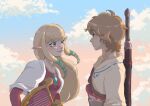  1boy 1girl absurdres blonde_hair blue_eyes cloud earrings eiriseth english_commentary floating_hair highres holding holding_instrument instrument jewelry link long_hair looking_at_another pointy_ears princess_zelda profile red_shirt shirt short_hair sidelocks sky sword sword_on_back the_legend_of_zelda upper_body weapon weapon_on_back 