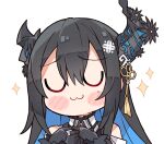  1girl :3 bare_shoulders black_gloves black_hair black_ribbon blue_hair blush_stickers closed_eyes collared_shirt demon_horns gloves hair_between_eyes hair_ornament highres hololive hololive_english horns index_fingers_together kukie-nyan long_hair mole mole_under_eye multicolored_hair nerissa_ravencroft ribbon shirt sidelocks solo sparkle upper_body virtual_youtuber white_shirt 