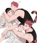  2boys animal_ears bishounen black_eyes black_hair black_tank_top blush closed_eyes closed_mouth couple heart highres hug kemonomimi_mode llll_100 long_sleeves looking_at_another looking_at_viewer male_focus mito_youhei multiple_boys multiple_views one_eye_closed pompadour red_hair sakuragi_hanamichi shirt short_hair slam_dunk_(series) sleeves_rolled_up smile tail tank_top tiger_boy tiger_ears tiger_tail toned toned_male white_background white_shirt yaoi 