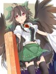  1girl :o ahoge arm_cannon ashigaruk bird_wings black_hair breasts bright_pupils chest_jewel chestnut_mouth drop_shadow dutch_angle feathered_wings feet_out_of_frame green_skirt hair_between_eyes highres light_blush long_hair looking_at_viewer medium_breasts midriff navel open_mouth red_eyes reiuji_utsuho skirt solo thighhighs touhou very_long_hair weapon white_pupils wings 