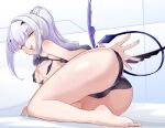  1girl ass bare_shoulders barefoot bikini black_bikini breasts dragon_wings fate/grand_order fate_(series) forked_eyebrows high_ponytail highres long_hair looking_at_viewer melusine_(fate) melusine_(swimsuit_ruler)_(fate) melusine_(swimsuit_ruler)_(first_ascension)_(fate) open_mouth sidelocks small_breasts smile solo swimsuit tail white_hair wings yellow_eyes yoosai 