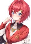  1girl ange_katrina blue_eyes blush candy cardigan collared_shirt food hair_intakes hair_ornament hairclip heart-shaped_food highres holding holding_candy holding_food jacket long_sleeves looking_at_viewer nijisanji off_shoulder red_hair sakunagita shirt short_hair solo virtual_youtuber 