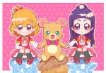  2girls asahina_mirai bear blonde_hair bow capelet chibi commentary_request cookie food holding holding_hands hoppetoonaka3 izayoi_liko kneehighs long_hair looking_at_viewer magic_school_uniform mahou_girls_precure! mofurun_(mahou_girls_precure!) multiple_girls pink_skirt plaid plaid_bow precure purple_eyes purple_hair red_capelet school_uniform simple_background skirt smile socks 
