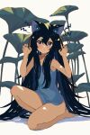  1girl :&lt; absurdres animal_ears bare_legs barefoot black_hair blue_camisole camisole cat_ears cat_girl claw_pose double-parted_bangs full_body green_eyes hair_between_eyes highres kgt_(pixiv12957613) kneeling long_hair looking_at_viewer lotus_leaf original shadow side_ahoge sidelocks very_long_hair white_background 