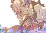  1girl basket braid citrine_11 commentary_request cookie fire_emblem fire_emblem:_three_houses fire_emblem_heroes food hair_ribbon long_hair lysithea_von_ordelia lysithea_von_ordelia_(tea_party) pink_eyes puffy_short_sleeves puffy_sleeves purple_ribbon ribbon short_sleeves simple_background solo twin_braids white_background white_hair 