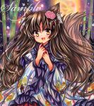  1girl animal_ears blush brown_hair dress frilled_sleeves frills imaizumi_kagerou long_hair long_sleeves open_mouth rui_(sugar3) sample_watermark smile solo tail touhou traditional_media upper_body watermark white_dress wide_sleeves wolf_ears wolf_tail yellow_eyes 