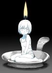  1girl absurdres barikios between_legs black_background burning camisole candle closed_mouth colored_skin gradient_background hand_between_legs highres looking_at_viewer original personification short_hair sitting solid_circle_eyes solo white_hair white_skin yokozuwari 