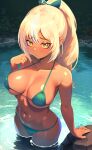  1girl absurdres bikini blonde_hair breasts dark_skin elf highres hololive large_breasts lib_100 navel orange_eyes outdoors pointy_ears ponytail ribbon shiranui_flare solo stomach swimsuit virtual_youtuber 