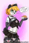  2018 absurd_res anthro bear biped black_body black_bottomwear black_clothing black_ears black_legwear black_nose black_skirt black_stockings black_topwear black_vest bottomwear breasts chest_tuft cleavage_cutout clothed clothing countershade_face countershade_torso countershading english_text eyebrows female food front_view garter_belt garter_straps giant_panda green_eyes green_hair hair hi_res holding_plate humor legwear looking_at_viewer machinewithsoul maid_uniform mammal midriff miniskirt multicolored_body name_badge navel nipple_outline pun shirt short_hair short_tail simple_background skimpy skirt small_breasts smile solo speech_bubble standing stockings tail teeth text thigh_highs tia_(karmandel) topwear tuft two_tone_body uniform vest white_body white_clothing white_shirt white_topwear 