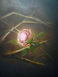  branch dark dark_background flower light mitzoka2001 no_humans original painting_(medium) pink_flower pink_rose plant rose shadow traditional_media 