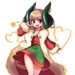  1girl anmita_(rarutos) brown_hair coat curled_horns dress fang flat_chest fur-trimmed_coat fur-trimmed_sleeves fur_trim green_horns heart horn_piercing horns imaginary_toutetsu jewelry looking_at_viewer multicolored_clothes multicolored_dress necklace open_clothes open_coat open_mouth original red_coat red_eyes short_dress short_hair skin_fang smile solo tooth_necklace touhou toutetsu_yuuma white_background 