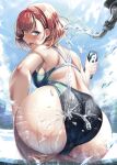  1girl aqua_eyes ass ass_grab back blue_sky blurry blurry_background blush cloud commentary_request competition_swimsuit day embarrassed faucet hair_between_eyes hassen_(8cm) holding looking_at_viewer one-piece_swimsuit open_mouth original red_eyes short_hair shoulder_blades sky solo swimsuit water water_drop wet 
