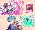  1boy 1girl 1other 250en_remon arm_up blue_hair brown_hair duel_monster fingerless_gloves gloves goggles goggles_on_head hand_up holding holding_test_tube long_hair long_sleeves multicolored_hair one_eye_closed purple_eyes short_hair smile split-color_hair test_tube there_can_be_only_one twintails vanquish_soul_dr._mad_love vanquish_soul_pluton_hg vanquish_soul_razen white_hair yellow_eyes yu-gi-oh! 
