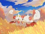  artist_name autumn blue_sky chikafuji closed_mouth cloud cloudy_sky commentary_request day falling_leaves fangs field ginkgo_leaf grass hair_over_eyes highres hisuian_growlithe leaf no_humans pokemon pokemon_(creature) sky smile tongue tongue_out tree twitter_username watermark 