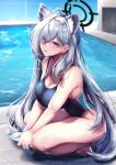  1girl animal_ears bare_arms bare_shoulders blue_archive blue_eyes blue_one-piece_swimsuit bottle breasts cleavage commentary_request competition_swimsuit grey_hair hair_ornament highres holding holding_bottle large_breasts long_hair one-piece_swimsuit parted_lips pool saboten_teishoku shiroko_(blue_archive) shiroko_(terror)_(blue_archive) solo squatting swimsuit thighs water wet 