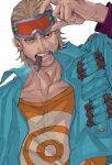  1boy arm_up black_eyes blonde_hair blue_jacket cigar collarbone facial_hair goatee goggles goggles_on_head highres jacket looking_at_viewer male_focus medium_hair mustache one_piece open_mouth orange_shirt paulie removing_eyewear serious shirt target upper_body white_background yumesan_55 