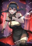  1girl bare_shoulders black_dress black_gloves black_hair black_thighhighs breasts cleavage commentary dagger dress earrings english_commentary fingerless_gloves floating_hair gloves gold_hairband grin hairband holding holding_weapon jewelry knife lips looking_at_viewer medium_breasts pink_lips pixie_(pixieinktvis) red_eyes sidelocks smile solo spy_x_family stiletto_(weapon) strapless strapless_dress thighhighs weapon yor_briar 