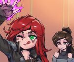  2girls ;q arm_up bare_shoulders black_gloves black_jacket brown_eyes brown_hair brown_jacket character_request covered_collarbone fingerless_gloves gloves green_eyes grin hair_bun jacket katarina_(league_of_legends) league_of_legends long_hair looking_at_another magic multiple_girls one_eye_closed phantom_ix_row red_hair single_hair_bun smile teeth tongue tongue_out 