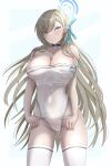  1girl adjusting_clothes adjusting_swimsuit asuna_(blue_archive) asymmetrical_bangs blue_archive blue_eyes breasts clothes_pull hair_ribbon halo highleg highleg_swimsuit huge_breasts light_brown_hair long_hair looking_at_viewer mashinatsu mole mole_on_breast one-piece_swimsuit one-piece_swimsuit_pull ribbon solo swimsuit thighhighs wet wet_clothes wet_swimsuit white_thighhighs 