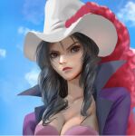  1girl alvida_(one_piece) black_eyes black_hair blue_sky closed_mouth cloud cloudy_sky cowboy_hat hat hat_feather long_hair one_piece outdoors realistic sky solo tony_maverick white_headwear 