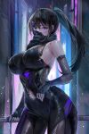  1girl absurdres bare_shoulders black_hair black_scarf blood blurry blurry_background breasts broken_mask commentary_request cowboy_shot cuts detached_sleeves fingerless_gloves fishnets gloves high_ponytail highres holding holding_sword holding_weapon injury large_breasts lillly long_hair looking_at_viewer mask navel ninja original purple_eyes scarf sidelocks skin_tight sleeveless sword torn_clothes weapon 