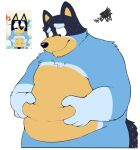 2023 anthro bandit_heeler belly big_belly black_nose blue_body bluey_(series) canid canine canis domestic_dog ginnosuke hi_res humanoid_hands kemono male mammal mature_male overweight overweight_male solo 
