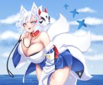 animal_humanoid azur_lane bent_over big_breasts big_butt blue_eyes bra breasts butt cakecatboy canid canid_humanoid canine canine_humanoid cleavage clothed clothing cloud collar female fox_humanoid hair hi_res huge_breasts humanoid kaga_(azur_lane) leash looking_at_viewer mammal mammal_humanoid multi_tail open_mouth smile solo tail teeth thick_thighs underwear water white_hair 