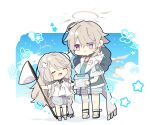  1boy 1girl arknights blue_jacket blue_shirt blue_sky blush border bug butterfly butterfly_hair_ornament cecelia_(arknights) chibi closed_eyes cloud commentary enforcer_(arknights) enforcer_(paper_wing)_(arknights) flower_(symbol) grey_hair grey_shorts hair_ornament halo holding_net insect_cage itsuki_02 jacket long_hair looking_at_another looking_up official_alternate_costume pointing purple_eyes sandals shirt short_hair shorts sidelocks simple_background sky smile star_(symbol) twitter_username white_background white_footwear white_shirt wings 