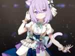  1girl :3 ame. animal_ear_fluff animal_ears blue_shorts blush bow cat_ears cat_girl cat_tail closed_mouth commentary_request cropped_jacket hair_between_eyes hair_bow hand_up highres hololive jacket looking_at_viewer nekomata_okayu open_clothes open_jacket puffy_short_sleeves puffy_sleeves purple_eyes purple_hair shirt short_sleeves shorts smile solo tail virtual_youtuber white_bow white_jacket white_shirt wrist_cuffs 