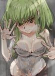  1girl against_glass bare_shoulders black_skirt blush breast_press breasts breasts_on_glass breath c.c. cleavage closed_mouth clothes_pull code_geass collarbone commentary_request covered_nipples cowboy_shot creayus crossed_bangs dress_shirt green_hair grey_background groin hair_between_eyes hair_over_breasts hand_on_glass large_breasts leaning_forward long_hair looking_at_viewer no_bra off-shoulder_shirt off_shoulder partially_unbuttoned shirt short_sleeves sidelocks simple_background sketch skirt skirt_pull solo standing straight-on wet white_shirt yellow_eyes 