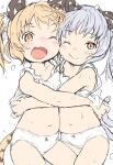  2girls ;) ;d animal_ears bare_arms bare_shoulders character_request closed_mouth collarbone copyright_request cowboy_shot fang female_child grey_hair grey_tail ham_(points) hug multiple_girls one_eye_closed panties short_hair simple_background skin_fang smile standing striped_tail tail tank_top thighs tiger_ears tiger_girl twintails underwear white_background white_panties white_tank_top yellow_eyes yellow_tail 