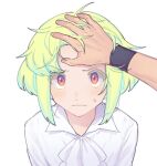  2boys ascot black_wristband blush galo_thymos green_hair headpat kome_1022 lio_fotia looking_at_viewer looking_up male_focus multiple_boys otoko_no_ko out_of_frame pov pov_hands promare purple_eyes ruffling_hair shirt short_hair sidelocks simple_background sweatdrop v-shaped_eyebrows white_ascot white_background white_shirt 