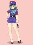  1girl absurdres breasts brown_eyes commentary_request full_body gloves green_hair gun hat highres holding holding_gun holding_weapon jenny_(pokemon) pokemon pokemon_(anime) police police_hat police_uniform policewoman rokoido12 short_hair short_sleeves skirt solo standing uniform weapon white_gloves 