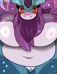  2023 ancient_pokemon anthro areola big_breasts blue_body blush blush_lines breasts chest_tuft chubby_female curvy_figure female front_view generation_9_pokemon genitals hair hi_res inverted_nipples looking_at_viewer looking_down looking_down_at_viewer low-angle_view miyang_draws! multicolored_body navel nintendo nipples nude paradox_pokemon pink_areola pokemon pokemon_(species) purple_hair pussy red_eyes smile snaggle_tooth solo thigh_gap tuft voluptuous walking_wake worm&#039;s-eye_view 