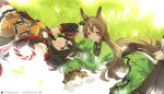  2girls absurdres animal_ears armpits black_hair black_pantyhose brown_eyes brown_hair dress english_text green_dress highres horse_ears horse_girl horse_tail kitasan_black_(umamusume) long_hair lying multiple_girls on_grass pantyhose satono_diamond_(umamusume) shisantian short_hair tail umamusume yellow_dress 