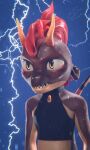  3d_(artwork) anthro blender_(software) clothing digital_media_(artwork) electricity hair hi_res horn lightning male raining red_hair scalie screelee solo topwear 