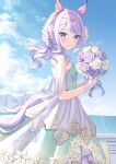  1girl animal_ears blush bouquet closed_mouth day dress flower green_dress highres holding holding_bouquet horse_ears horse_girl horse_tail kurumi_lm light_purple_hair long_hair looking_at_viewer mejiro_mcqueen_(umamusume) outdoors purple_eyes purple_flower smile solo tail umamusume white_flower 