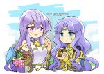  2girls basket blue_eyes bottle circlet dress eating fire_emblem fire_emblem:_genealogy_of_the_holy_war fire_emblem:_thracia_776 flag food food_on_face holding holding_basket holding_food jewelry julia_(fire_emblem) long_hair looking_at_another multiple_girls purple_eyes purple_hair sara_(fire_emblem) simple_background yukia_(firstaid0) 