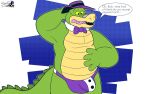  2023 4_fingers absurd_res alligator alligatorid anthro bow_tie brok_(character) brok_the_investigator bulge clothing crocodilian dialogue english_text fingers green_body hat headgear headwear hi_res humanoid_hands male reptile scalie simple_background slightly_chubby solo text underwear zkrinaceinae 