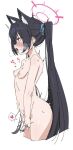  1girl animal_ear_fluff animal_ears black_hair blue_archive blue_ribbon blush breasts cat_ears completely_nude female_masturbation hair_ribbon halo heart long_hair masturbation nipples nude ocha_(popopogg) open_mouth pink_halo profile ribbon serika_(blue_archive) simple_background small_breasts solo spoken_heart tears tongue tongue_out very_long_hair white_background 