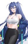  1girl absurdres azur_lane bare_shoulders black_choker black_pants blue_eyes blue_hair blue_jacket breasts camisole character_request choker cleavage commentary_request cowboy_shot crop_top hair_intakes highres jacket large_breasts leggings long_hair long_sleeves looking_at_viewer midriff navel new_jersey_(azur_lane) off_shoulder open_mouth pants raitho simple_background solo spaghetti_strap standing stomach thighs very_long_hair white_background 