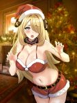  1girl blonde_hair blurry blurry_background breasts christmas christmas_tree cynthia_(pokemon) damuko_(kxmx4323) fireplace fur-trimmed_headwear fur_trim grey_eyes hair_ornament hair_over_one_eye hands_up hat highres indoors large_breasts long_hair looking_at_viewer navel open_mouth pokemon pokemon_dppt red_headwear red_shorts santa_costume santa_hat short_shorts shorts solo stomach very_long_hair 