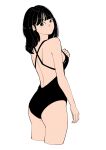  1girl back_cutout bare_back black_hair black_one-piece_swimsuit clothing_cutout cropped_legs dot_mouth flat_color from_behind green_eyes highres looking_at_viewer medium_hair one-piece_swimsuit original sakamoto_giulietta simple_background solo standing swimsuit white_background 